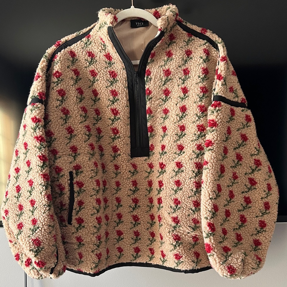 Vici Red Floral Patterned (oversized) Sherpa Jacket